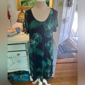 Old Navy Tropical Print Dress L Navy Blue Green Stretch Rayon VGUC Summer Beachy